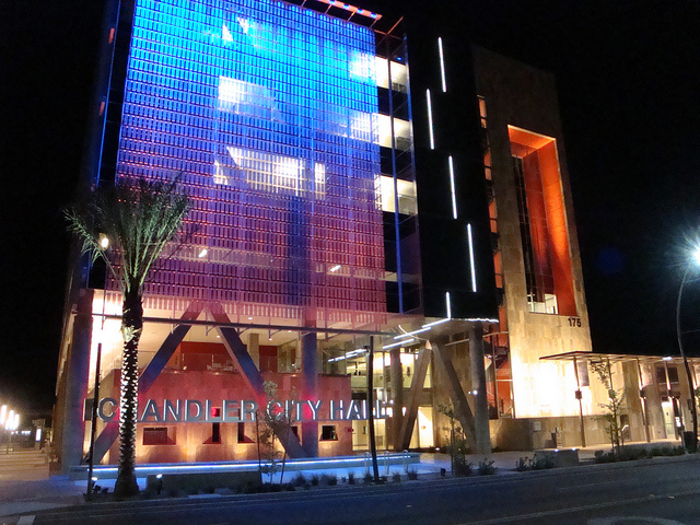 downtown chandler az - nighttime front view of Chandler City Hall