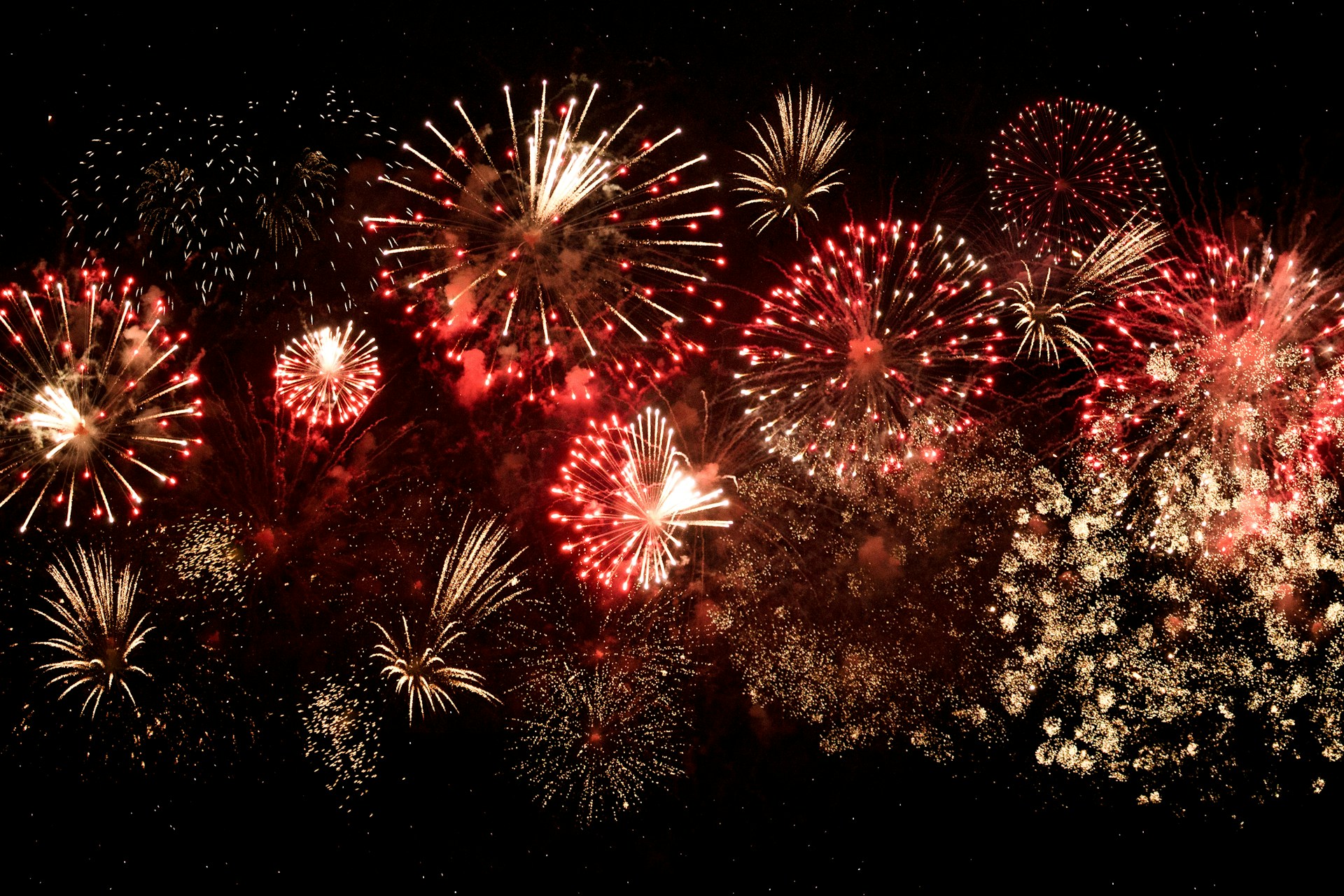 fireworks going off in a dark sky