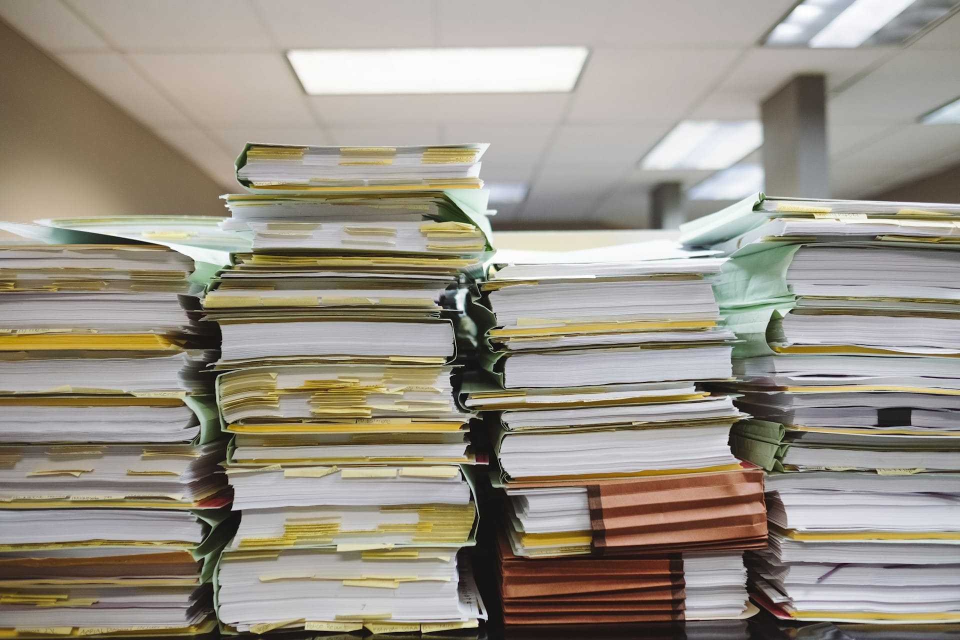 stacks of papers in an office